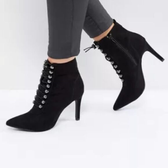 FOREVER 21 SUEDE POINTED TOE LACE UP CLOSURE HIGH HEEL STILETTOS ANKLE BOOTIES - Picture 16 of 16